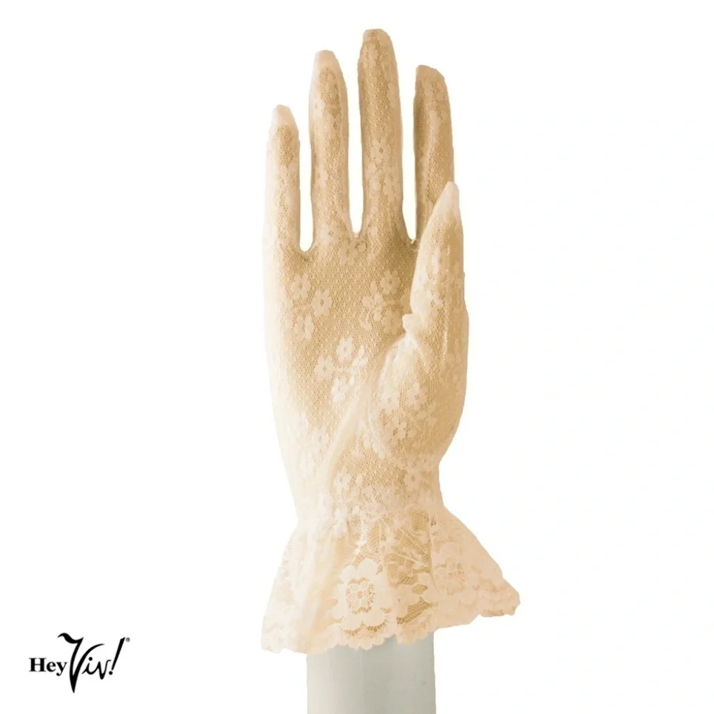 Lace Gloves w Wrist Ruffle in White Red Ivory Black Retro Party Wedding -Hey Viv